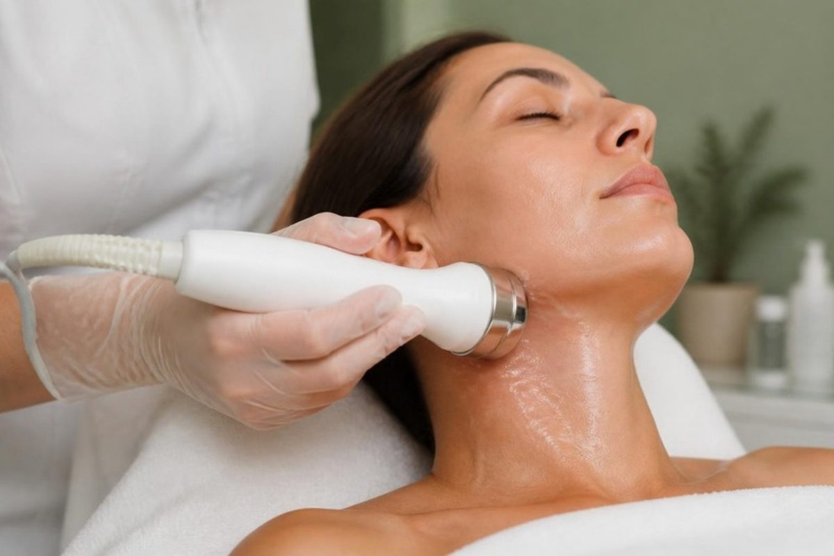 Radiofréquence sur l'ovale du visage et le cou avec un gel conducteur