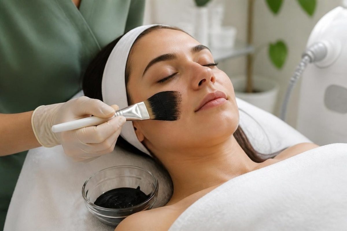 Application au pinceau de la lotion de carbone sur le visage avant le laser