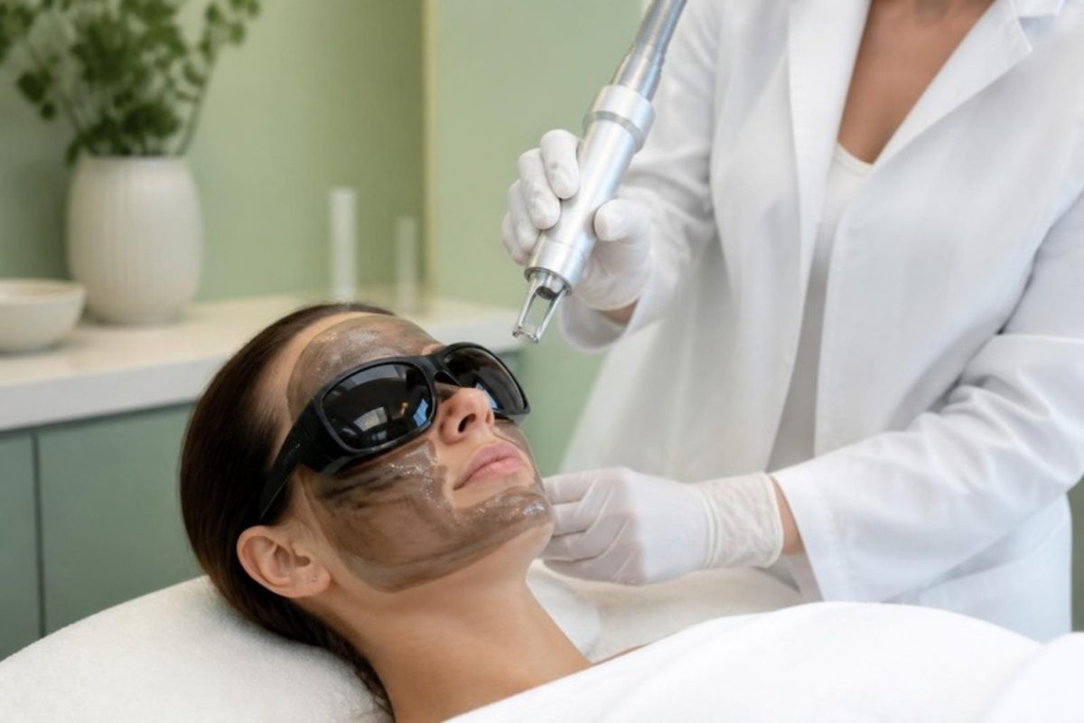 Soin carbone laser : passage du laser sur le masque de carbone, lunettes de protection